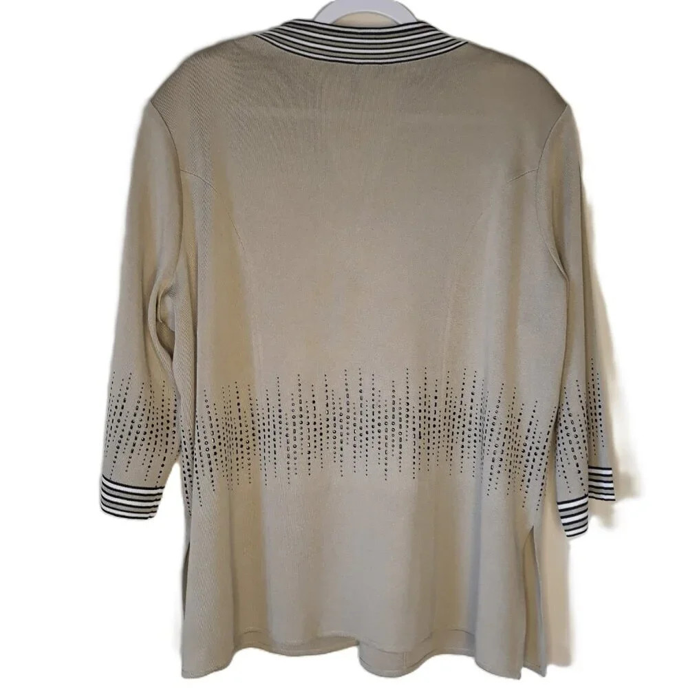 Ming Wang Tan Striped Embellished V-Neck 3/4 Sleeves Cardigan M